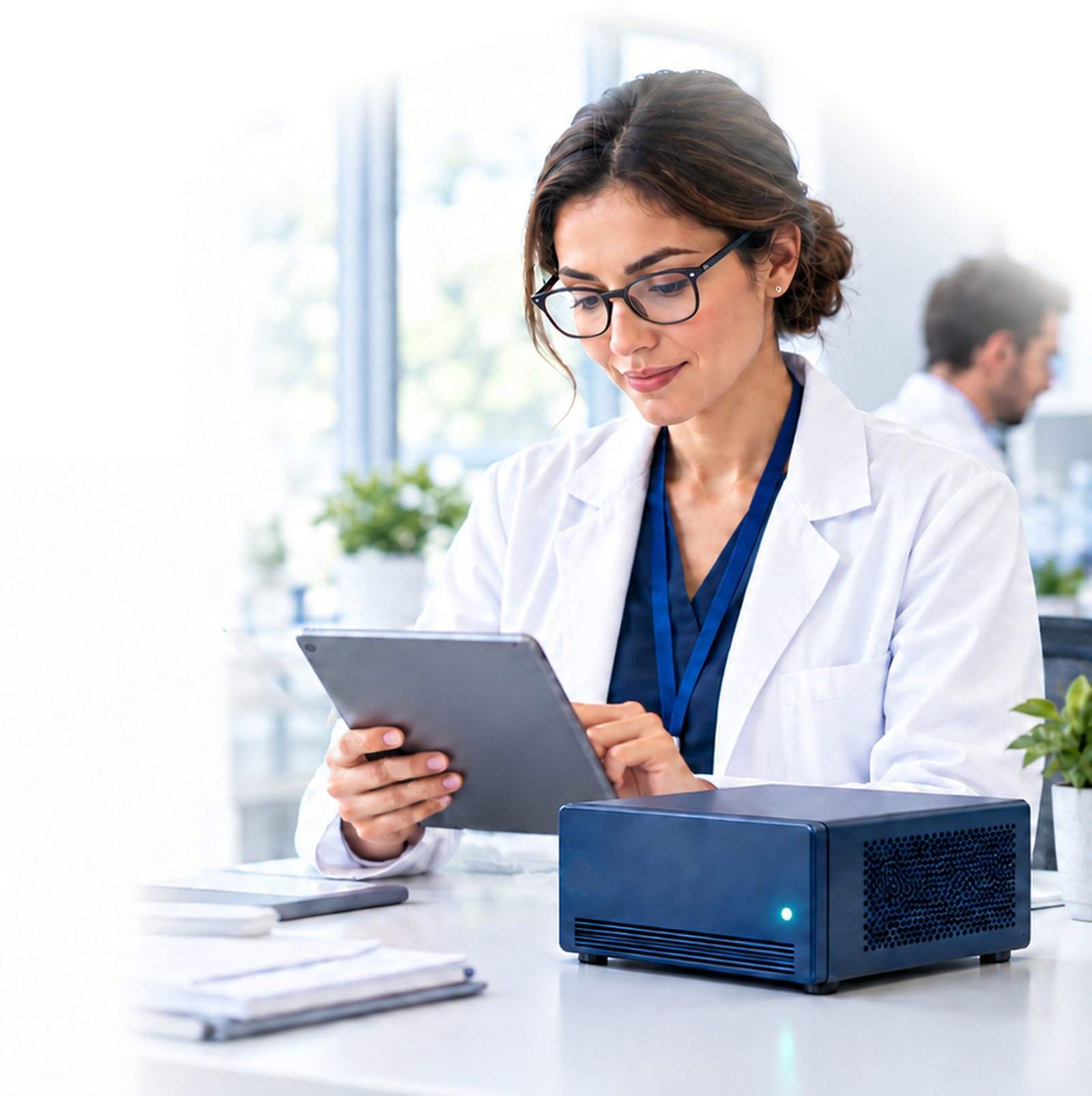 A clinician reviews RISA on a tablet next to a CIS appliance on her desk